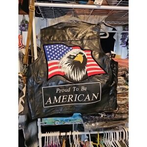 Diamond Plate Genuine Leather Bikers Vest Men's L Patches Proud To Be American